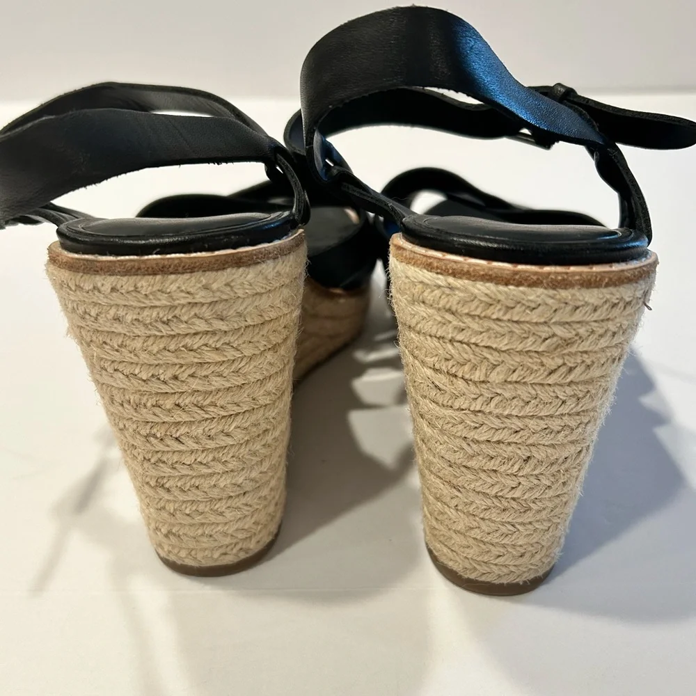 Black Leather Espadrille Wedge Sandals Adjustable Ankle Strap Sz‎ 9.5 Preowned